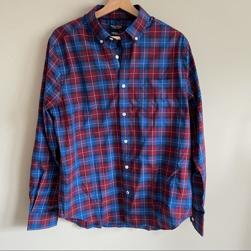 Nautica Wrinkle Resistant Plaid Shirt Sz Med